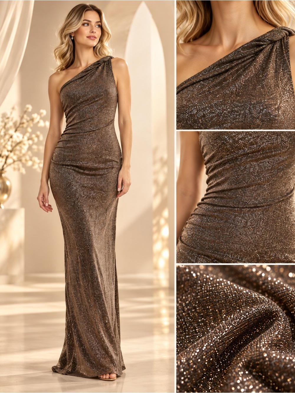Taylor Black Gold Metallic One Shoulder Formal Gown Size 4 NWT